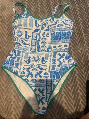 One-Piece Swimsuit in Blue and White with Teal Trim